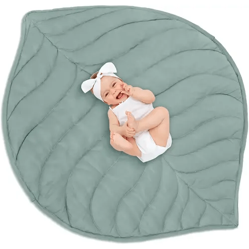 Funtery Baby Play Mat 56 x 42 Inch Cotton Crawling Cushion Cotton Nursery Rug Large Thick Soft Reversible Washable Folding Floor Mat Playpen Mat Nursery Decor Rug for Girls Boys (Green,Leaf)