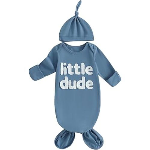 Merqwadd Baby Boy Coming Home Outfit Little Dude Sleeping Gown with Hat Infant Sleeper Nightgown