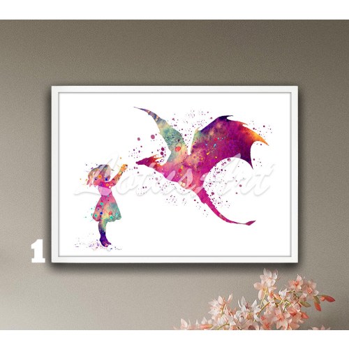 Girl and Dragon Framed Wall Art Watercolor Print Kids Room Decor Personalised Nursery Custom Gifts Dragon Poster Fantasy Animals Paintings