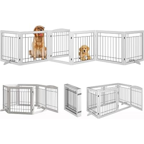 Vantas Folding Pet Gate 144" Wide, 30" Tall No-Assembly Wooden Dog Gate with Door Walk Through, Freestanding Wire Pet Gate, Pet Puppy Safety Fence, with 2PCS Support - White