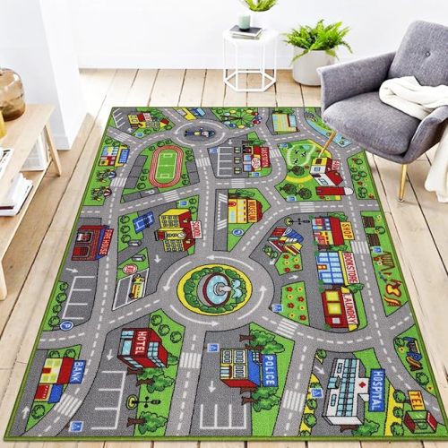Kids Rug 3'3" x 5'2" City Life Playmat Area Rug Car City Map Washable Traffic Road Educational Learning Nursery Rug Carpet for Children Playroom Living Room Bedroom Classroom Decor Green