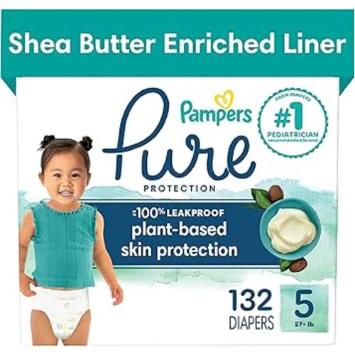 Pampers Pure Protection Diapers - Size 5, One Month Supply (132 Count), Hypoallergenic Premium Disposable Baby Diapers