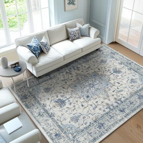 RELEANY Area Rugs 5'x7' Washable Non-Slip, Floral Vintage Distress Print Pattern Medallion Carpet for Living Room Bedroom Dining Room, Light Blue Navy Beige Gray White