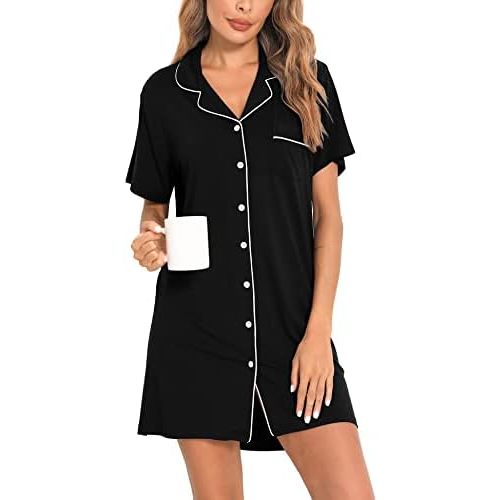 SWOMOG Women's Button Down Nightgown Short Sleeve Nightshirt Notch Collar Sleepwear Pajama Dress