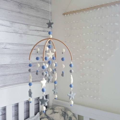 Nursery Mobile, Crib Baby Mobile, Carolina Blue & Dove Grey Baby Mobile, Felt Ball Mobile, Cot Mobile, Mobile for Baby, Baby Shower Gift
