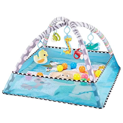 5-in-1 Baby Play Gym Mat, Tummy Time Mat & Ball Pit, with 5 Detachable Toys for Newborn Stage-Based Sensory and Motor Skill Development, Baby Activity Mat, Blue