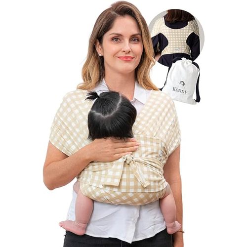 Konny Original Baby Carrier SoftBreeze Luxury Carrier Wrap, Easy to Wear and Wrap Baby Sling, Baby Wrap Carrier, Perfect Essentials Cloths for Newborn Babies up to 44 lbs, (Creamy Gingham, S)