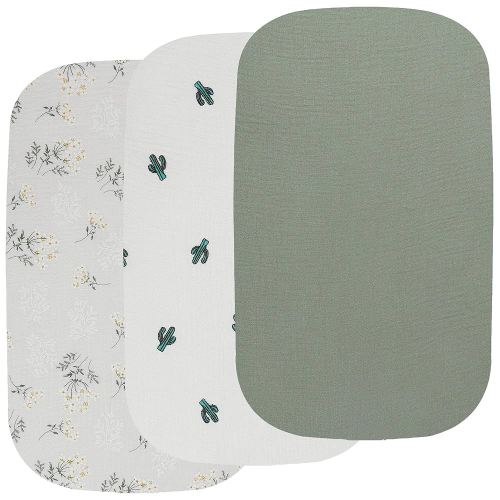 Muslin Bassinet Sheets 3 Pack, 100% Cotton Baby Fitted Sheet 33" x 19" Compatible with Mika Micky, KoolaBaby (3 in 1), BabyBond, HARPPA and RICUTON Bedside Bassinet, Solid Green, Floral and Cactus