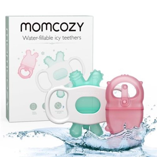 Momcozy Water Baby Teether, Silicone Cold Teether Toys for 0-12 Months, 2 Pcs, Pink and Green