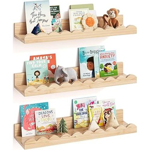 G&W Gruwald Nursery Book Shelves, Set of 3, Nursery Decor for Baby and Toddler, Scalloped Shelves, Book Shelf for Kids Rooms, Wall Book Shelf for Bedroom Kids, Floating Shelf for Wall