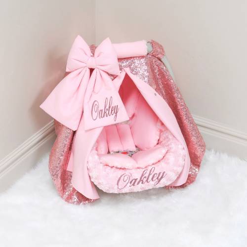 Pink Sparkle Baby Girl Car Seat Accessories - Pink Sparkle Personalized Embroidery - Gift for Newborn - Car Seat Cover and Insert Cushions