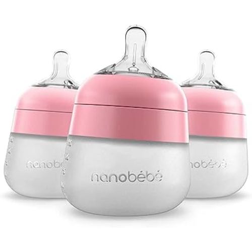 Nanobébé Flexy Silicone Baby Bottle, Anti-Colic, Natural Feel, Non-Collapsing Nipple, Non-Tip Stable Base, Easy to Clean 3-Pack, Pink, 5 oz