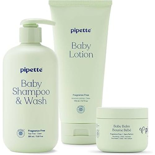 Pipette Fragrance Free Baby Essentials Set, Pack of 3, Includes Balm and Fragrance-free Lotion and Shampoo + Wash, Gentle Tear-Free Newborn Baby Bath Essentials, Non-Toxic, Hypoallergenic