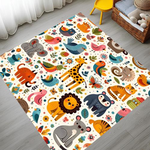 Colorful Animal Rug, Safari Jungle Nursery Carpet, Cute Kids Room Area Rug, Playroom Animal Print Rug, Washable Rug, Non Slip Rug