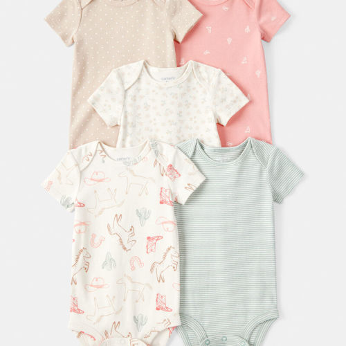 Multi Baby Girl 5-Pack Cowgirl Print Cotton Multipack Bodysuits - White/Blue/Pink | Carter’s Oshkosh Canada