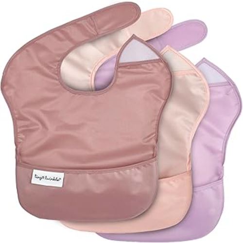 Tiny Twinkle Mess Proof Baby Bibs for Eating – Waterproof, Wipeable Toddler Bibs with Pocket – Baby Food Bibs for Girls & Boys(3 Pack,Taupe, Rose)