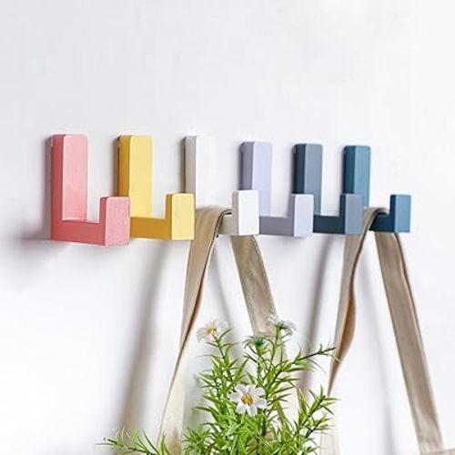 6 Pack Cute Kids Coat Wall Hooks Wooden Decorative Adhesive Colored Nordic Style Wall Mounted Heavy Duty Hooks for Keys Hat Coat Shower Curtain Playroom Bathroom Decor