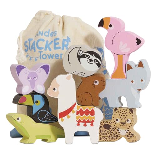 Le Toy Van - Wooden Andes Stacking & Bag - Petilou Forest Building Blocks Stacker & Bag - Educational Balancing Activity Toy for Kids Age 18 Months + - Tropical Animal Blocks