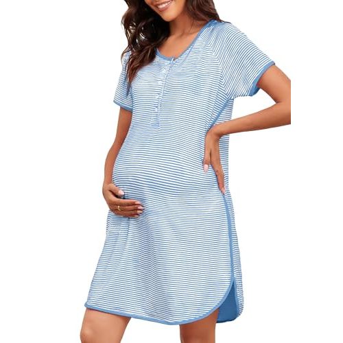 FKEEP Stripe Maternity Nursing Nightgowns Women Buttons Pregnancy Short Sleeve Nightdress Soft Side Split Loungewear Pjs