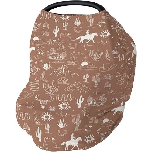 Western Cowboy Car Seat Cover for Babies Wild West Cactus Mountain Snake Cattle Skull Sun Stretchy 5-in-1 Covers Adjustable Car Canopy Breastfeeding Cover Desert Adventure Breathable Nursing Cover-Up