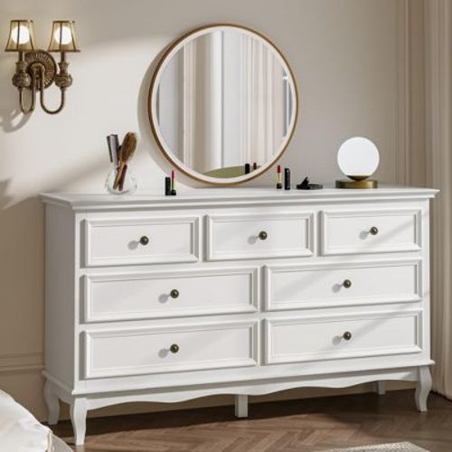 Heynemo Dresser for Bedroom, 7 Drawers Dresser with Distinctive Wooden Legs & White Paint Finish, Great for Bedroom, Living Room, Hallway