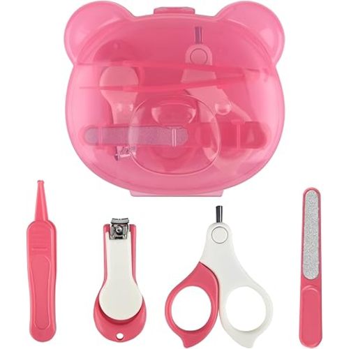 Baby Nail Kit, Baby Manicure Kit and Pedicure Kit with Cute Bear Shape Case, 4-in-1 Kit with Baby Nail Clipper, Scissor, Nail File & Tweezer for Newborn, Infant, Toddler, Mothers Day Gifts(Pink)