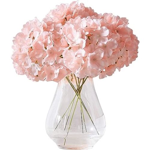 Artificial Hydrangea Flowers Blush Heads 10 Fake Hydrangea Silk Flowers for Wedding Centerpieces Bouquets DIY Floral Decor Home Decoration with Stems(VASE NOT Included)