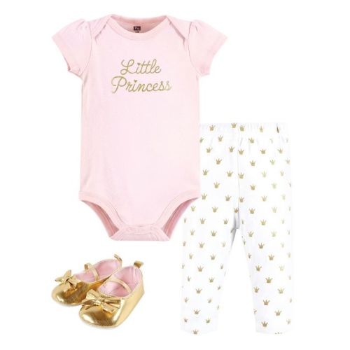 Hudson Baby Infant Girl Cotton Bodysuit, Pant and Shoe Set, Gold Little Princess