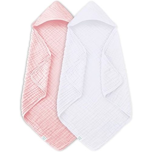 MOON PARK 2 Pack Muslin Hooded Baby Bath Towels for Newborns, Infants, Toddlers - 100% Cotton - Large 32x32Inch Size - Highly Absorbent and Essential, White and Pink