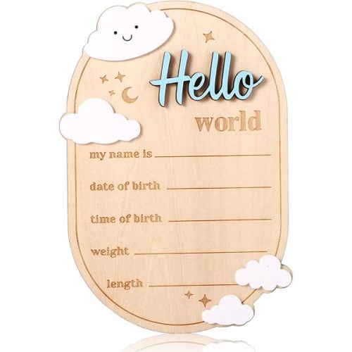 Baby Announcement Sign, 5.91x4.13in Wooden Birth Announcement Plaques Hello World Newborn Sign Board Ideal Decor for Home Nursery Hospital for Recording Name Date Length Weight