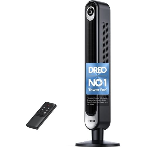 Dreo Tower Fan for Bedroom, 90° Oscillating Standing Fan, 30ft, 28dB Quiet for Sleep, 6 Speeds, 4 Modes, 12H Timer, 42 Inch, Bladeless, Remote, for Home, Office, Room, Cruiser Pro T1
