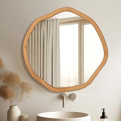 ULIKE Round Wood Mirror 24 Inch Circle Wall Mirror, Asymmetrical Bathroom Vanity Mirror with Wood Frame, Decorative Wall Mounted Mirror for Bedroom, Living Room, Entryway, Natural