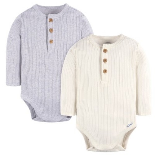 Gerber Baby Boys' Henley Long Sleeve Onesies® Bodysuits - Ivory & Grey Heather - 3-6 Months - 2-Pack