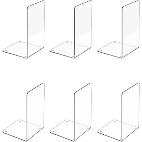 Acrylic Bookends 6 Pcs, Clear Book Ends for Shelves, Transparent Organizer, Holder Stand Decorative, Stoppers for Heavy Duty Books, CD, File, Video Games