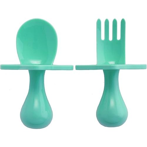 Elli&Nooli Silicone Toddler Utensil Set - Ergonomic Grip & Toddler Forks & Spoons Bigger Grip - Dishwasher Safe Self-Feeding Design for Baby-Led Weaning - Mint, 2-Piece Set