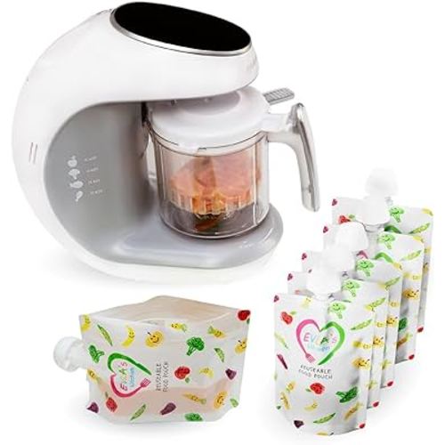 EVLA'S Baby Food Maker, Steamer, Blender, Baby Food Processor for Healthy Homemade Baby Food in Minutes, Touch Screen with 6 Reusable Food Pouches, Baby Registry Essential, White