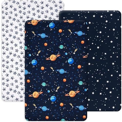 PHF 3 Pack Soft Mini Crib Sheets, Space Silky Pack N Play Sheets for Baby Boys Girls Neutral, Universal Fit for Pack N Play, Playard, Portable and Mini Crib Mattresses, Space