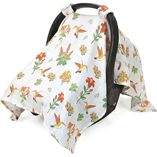 Metplus Car Seat Cover Baby, 100% Muslin Cotton Infant Carseat Covers for Boys and Girls, Lightweight Breathable Canopy, Summer Stroller Sun Shade, Newborn Travel Essentials(Hummingbird)