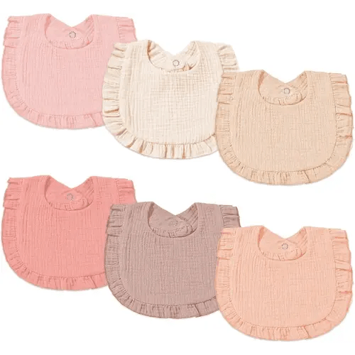 6 Pack Muslin Baby Bibs for Baby Girls, Muslin Bibs Drool Bandana Bibs (Sweet Pink)