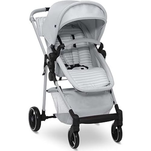 GAP babyGap 2-in-1 Carriage Stroller - Car Seat Compatible - Easy One-Handed Fold - Lightweight Stoller with Oversized Canopy & Reclining Seat - Made with Sustainable Materials, Grey Stripes