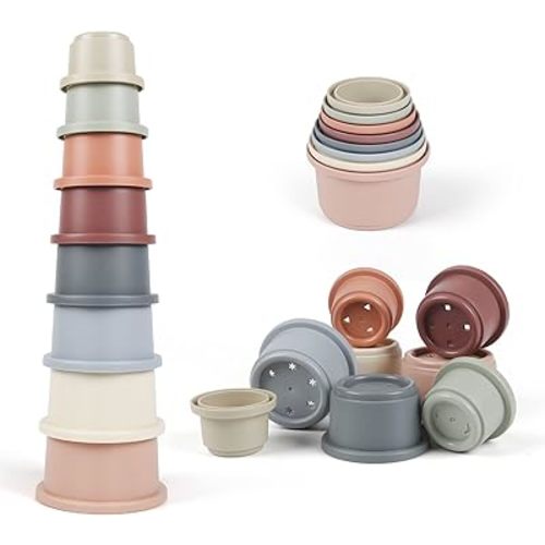 Baby Stacking Cups, Montessori Bath Toy for Toddlers 1-3, 8PCS Stackable Cups with Number Nesting Cups for Babies 6-12 Months, Early Educational Bath Outdoor Sensory Gift for 2-4 Years Old Boys Girls
