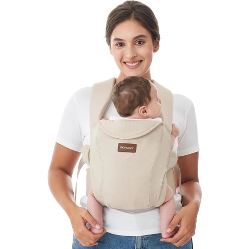 Momcozy Newborn Carrier WeeSnug- Lightweight and Cozy Comfort for 7-25 lbs, Ergonomic Cross-Back Support, Effortless to Put On, Hands-Free Baby Carrier with Lumbar Support, Khaki