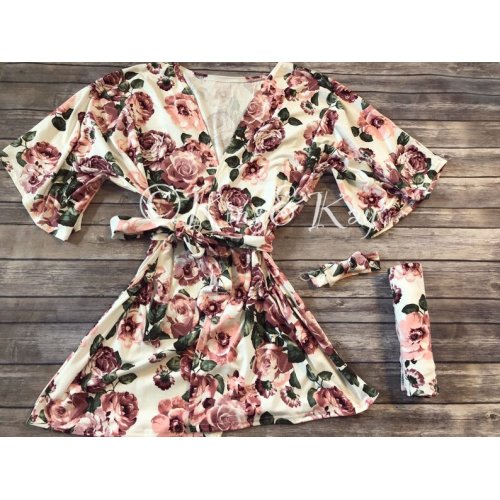 Kimono Robe and Swaddle Blanket Set | Matching Mom and Baby Robe and Swaddle | White Floral | 3 PC Set - Kins and Kay , Robe+Swaddle+Bow, L/XL US women's letter