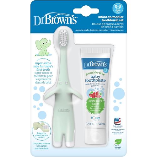 Dr. Brown’s Infant-to-Toddler Training Toothbrush Set, Mint Elephant with Fluoride-Free Strawberry Baby Toothpaste, 0-3 years