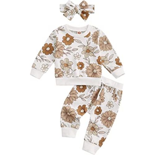 3Pcs Baby Girl Outfits Daisy Sweatshirt + Pants + Headband Infant Fall Winter Clothes