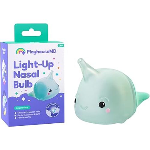 Playhouse MD Booger Buddy Nasal Aspirator Bulb, Narwhal - with LED Light for Babies & Toddlers – BPA-Free Snot Remover for Infant Stuffy Nose and Congestion Relief – Easy to Clean Design