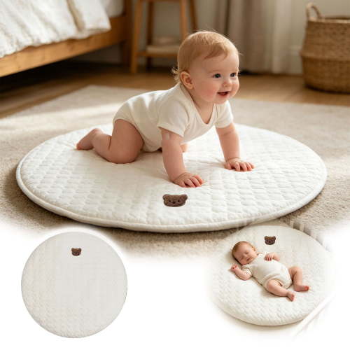 VMWMSSR Round Quilted Crawling Play Mat, Bear Embroidered Soft Padded Tummy Time Mat, Washable Removable Cover Floor Mat For Living Room Child Activity & Home Decor(White6-33.46 Inch)