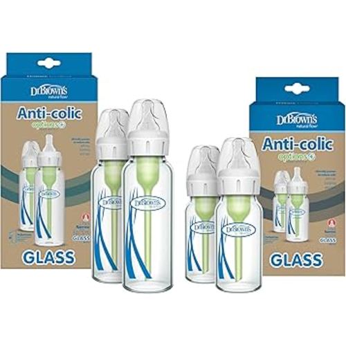 Dr. Brown's Natural Flow Anti-Colic Options+ Narrow Glass Baby Bottles, Made in The USA, BPA Free, 8oz and 4oz, 0m+, 4-Pack