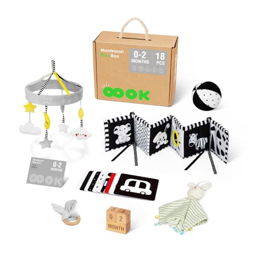 OOOK Baby Toys 0-3 Months Montessori Toys Set, Newborn Toys Includes Soft Baby Book, Black and White Cards, Monthly Baby Milestone, Rabbit Security Blanket and Vision Training Ball etc.
