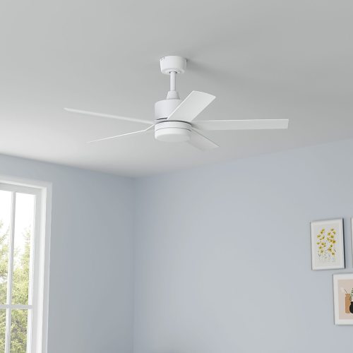 Harbor Breeze Reidsport 44-in Matte White Color-changing Integrated LED Indoor/Outdoor Downrod or Flush Mount Ceiling Fan with Light and Remote (5-Blade) RDS44MW5LR at Lowes.com